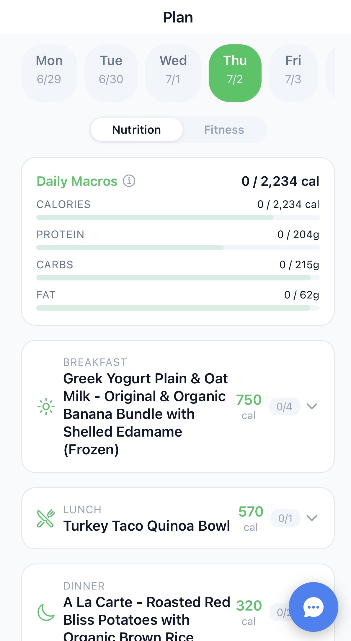 Nutripath daily plan showing calorie and macro targets with meals