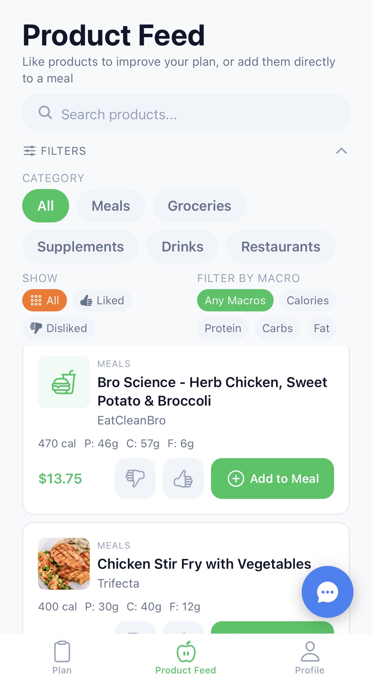 Nutripath product feed of orderable meals and groceries